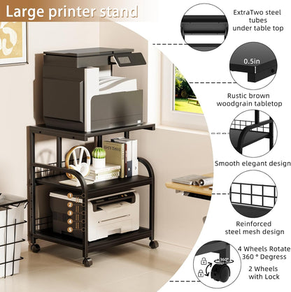 Lerliuo Large Printer Stand with Storage, 23.6"W x 18.9"D x 30.2"H, 5-Adjustable Shelf Heights Mobile 3 Tier Table with Lockable Wheels, Industrial Rolling Printer Cart, Black Stands for Home Office