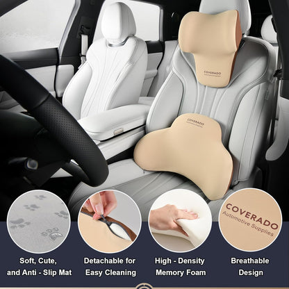 Coverado Lumbar Support and Car Neck Pillow, Ergonomic Memory Foam Desk Chair Cushion and Headrest Pillow for Car Office Chair, Sciatica & Neck & Tailbone Pain Relief Cushion-Beige
