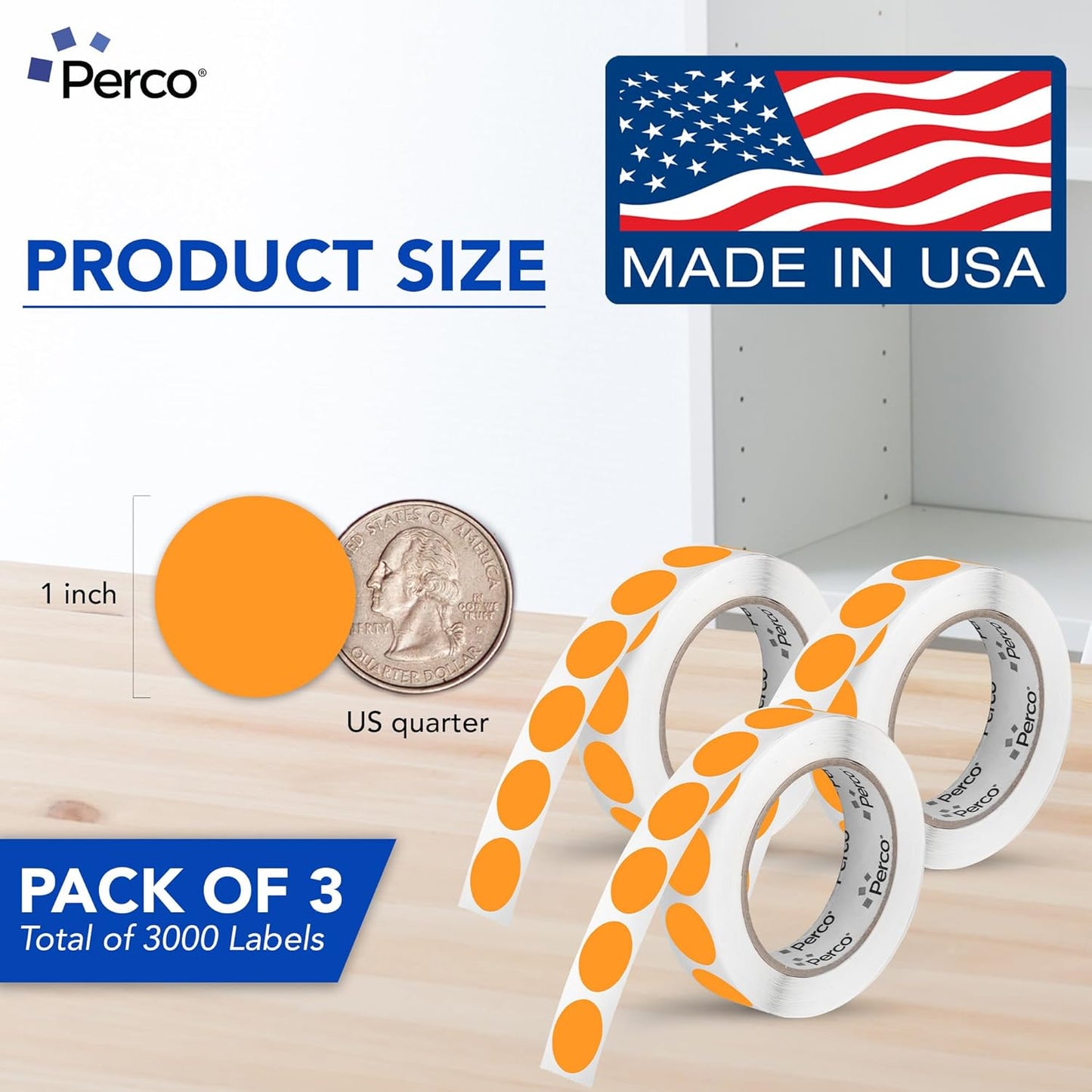 Perco Fluorescent Orange 1-Inch Round Circle Dot Sticker Labels - Multi-Roll Pack (3 Rolls, 1,000 Labels Each) - Permanent Adhesive, Vibrant Colors, Strong Hold - Perforated for Easy Use - Made in USA