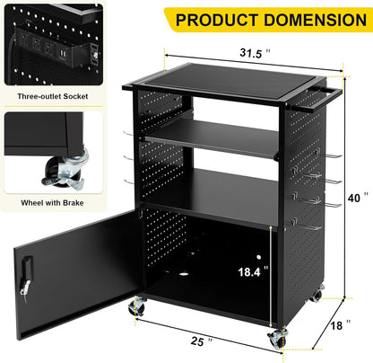 Mobile AV Cart with Locking Cabinet & Wheels, Heavy Duty Rolling Media Cart with Customized Pegboard & Hooks, Multipurpose Utility Cart 100lbs Load Capacity, Black