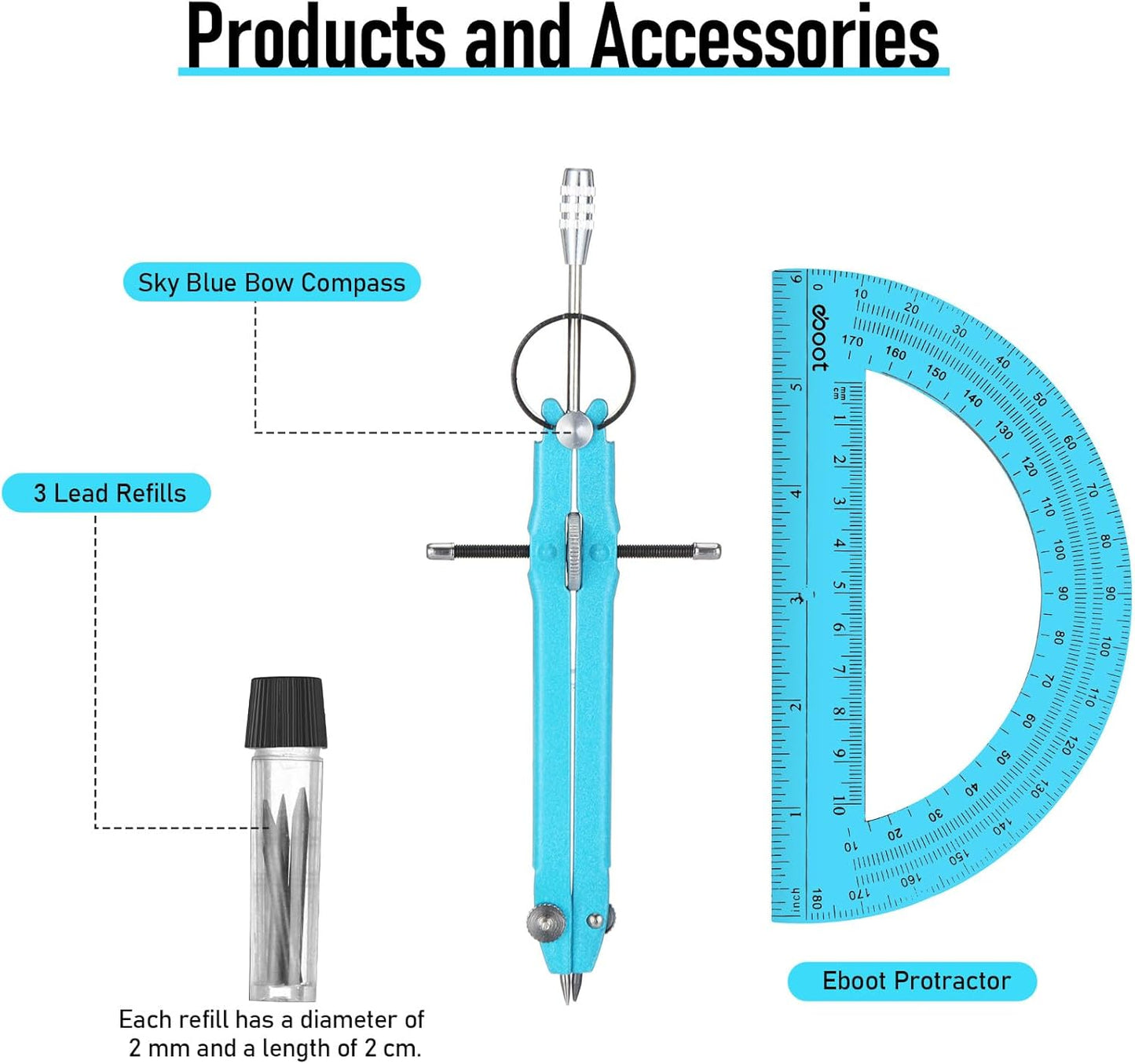 EBOOT Student Geometry Math Set, Drawing Compass and 6 Inch Clear Swing Arm Protractors 180 Degree Math Protractor(Blue and Blue)