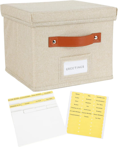 Greeting Card Organizer with dividers - Storage Box with lid Holds 150+ Cards - Assortment Box for Greeting Cards,Recipes, Photos, Envelopes, Keepsake - 9 x 9 x 7 Inches (Beige, 1 pcs)