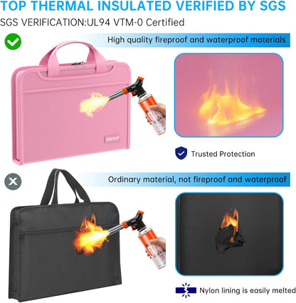 ENGPOW Accordion File Organizer,Fireproof Expanding File Folder with Multi Pockets,13 Pockets Document Organizer with Handle & Labels,Portable Home Travel Safe Storage Folder for Letter A4 Files,Pink