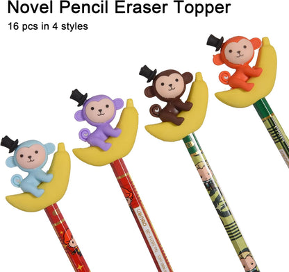 16Pcs Pencil Top Erasers for Kids, 3D Cute Monkey Pencil Toppers, Bulk Fun Pencil Cap Easters for School Classroom Supplies Prize Gifts Party Favors