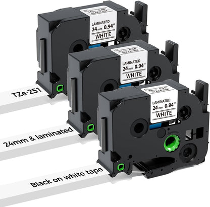 3-Pack 24mm 0.94 Laminated White Tape Replace for Brother Label Maker Tape TZe-251 Compatible with Brother P Touch TZ TZe 1" Refills for PT D610BT D600 700 P710BT PTP750W, Label KINGDOM Tze251