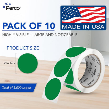 Perco Green 2-Inch Perforated Circle Dot Sticker Labels — 10 Rolls, 5,000 Round Stickers — with Permanent Adhesive for Organizing, Color Coding, Bin Labeling, Packaging Alerts—Made in USA