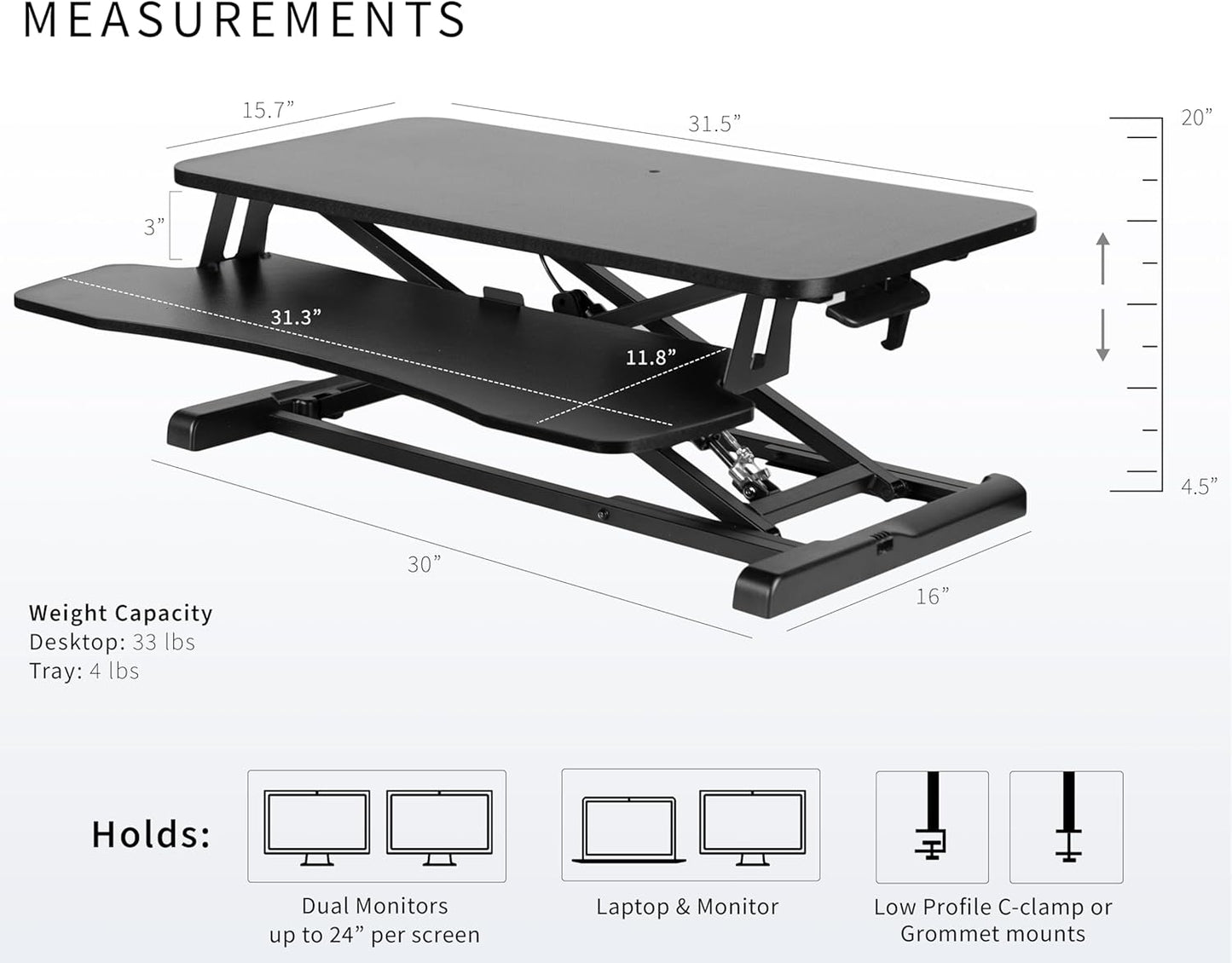 VIVO 32 inch Carbon Fiber Desk Converter, K Series, Height Adjustable Sit to Stand Riser, Dual Monitor and Laptop Workstation with Wide Keyboard Tray, Black, DESK-V000KR