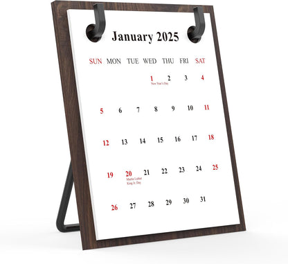 2025 2006 Retro Desktop Calendar Tabletop Decoration Calendar Walnut Wood Calendar with Iron Brackets Suitable for Office Business Home (Black Walnut)