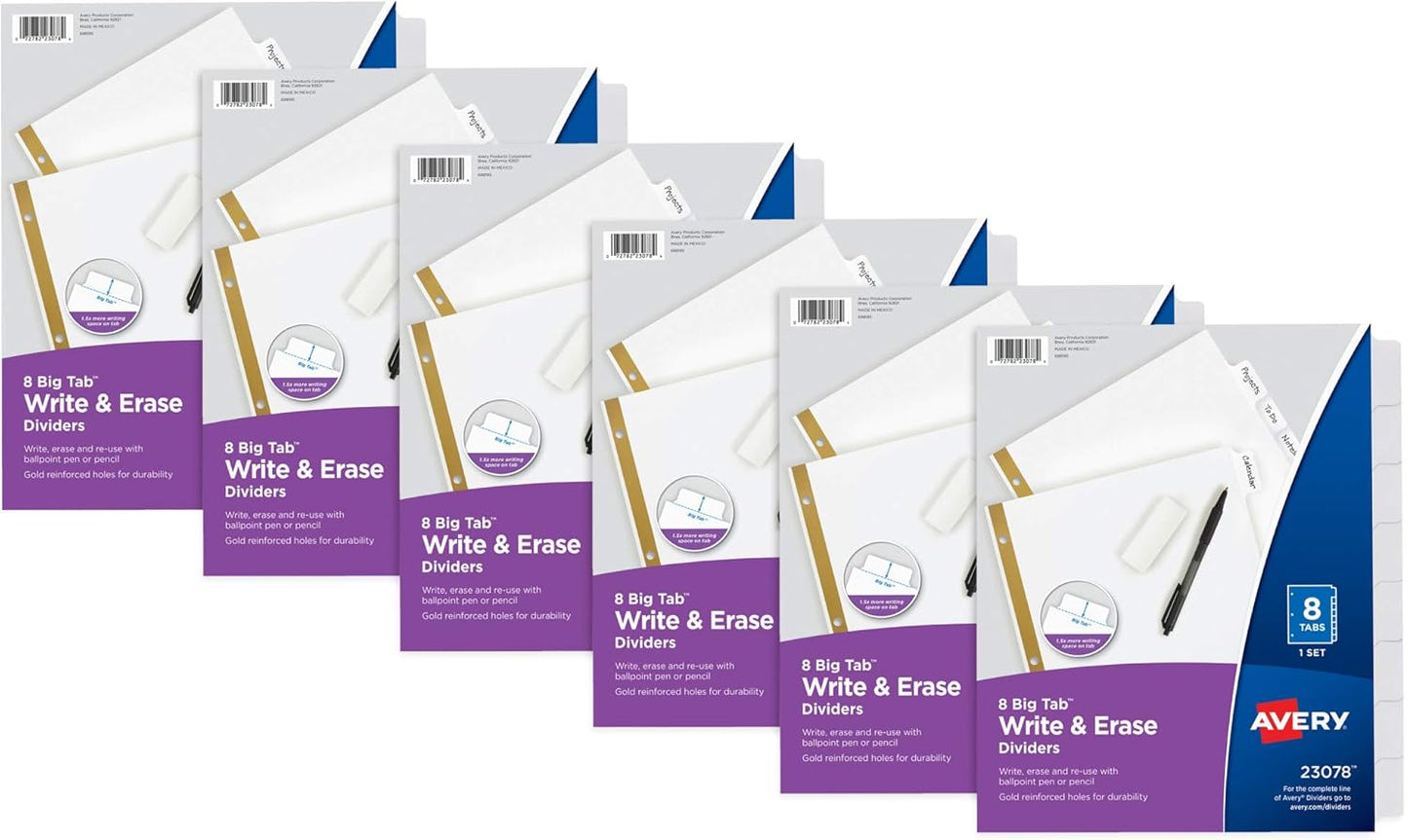 Avery Big Tab Write & Erase Paper Dividers with Gold Reinforcement, 8-Tab Set, White, 6 Sets (21213)
