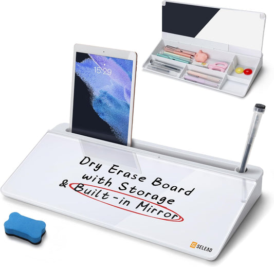 SELEAD Desktop Glass Whiteboard with Organizer & Built-in Mirror, Small Dry Erase White Board Computer Pad Keyboard Stand for Home, School, Office Desk Accessories - White