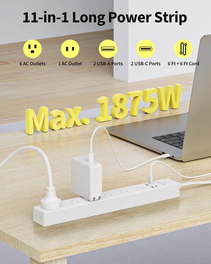 2 Pack Power Strip Surge Protector - 7 Outlets 4 USB Ports (2 USB C), 6 Ft Ultra Thin Flat Plug Extension Cord, 1875W/15A, 1700 Joules, Wall Mount for Home Office Dorm, White