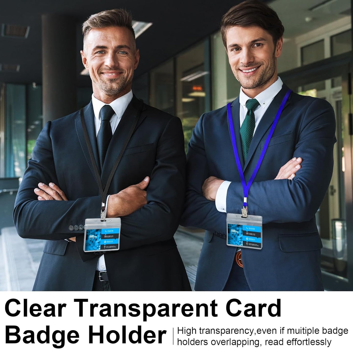 Marspark 100 Sets Clear Name Tags with Lanyard, Lanyards for ID Badges Reusable Strap with ID Holder Plastic Name Badges for Adults Business School Church Conference (Black,Blue)