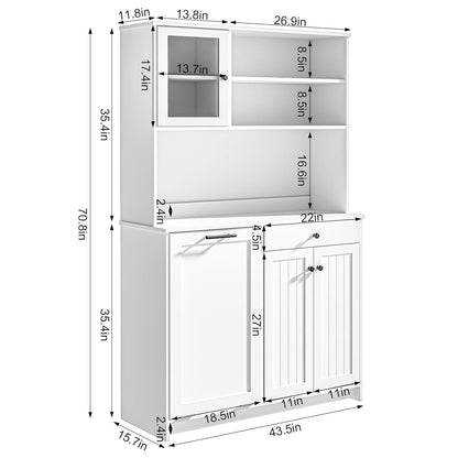 OLD CAPTAIN Tilt Out Trash Cabinet with Deodorising Function, Kitchen Hutch with Microwave Shelf and Drawer, Kitchen Pantry with Trash Cabinet for 10 Gallons, White