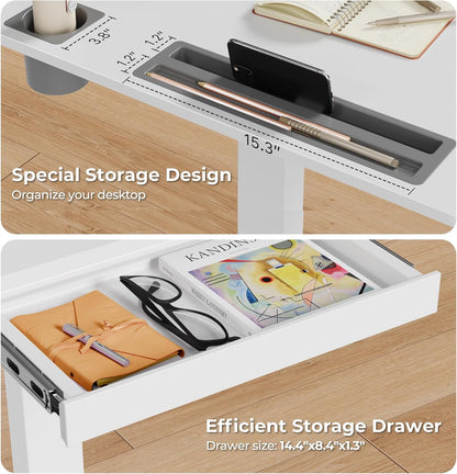 Mobile Standing Desk with Drawer, 35" Small Standing Desk with Cup Holder, Rolling Laptop Desk on Wheels, Height Adjustable Desk with Storage for Home Office, White