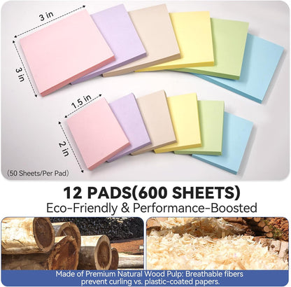 Sticky Notes 3x3in + 2x1.5in Small Sticky Note, 12 Pack 6 Colors Self-Sticky Note Pads | Sticks Strong & Removes Clean | Recycled Paper Cute Sticky Notes to School Supplies, Office Products