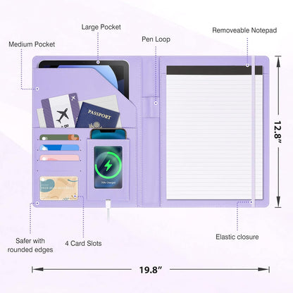 Ospelelf Foldable Leather Clipboard Folio with Notepad 8.5 x 11, Purple Business Padfolio for Women Portfolio Organizer