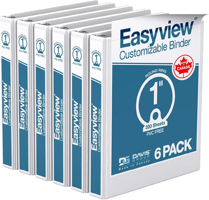 Easyview Premium 3-Ring Binders with Clear-View Covers and Round Rings, Binders for School or Office, 1 Inch, Pack of 6, White