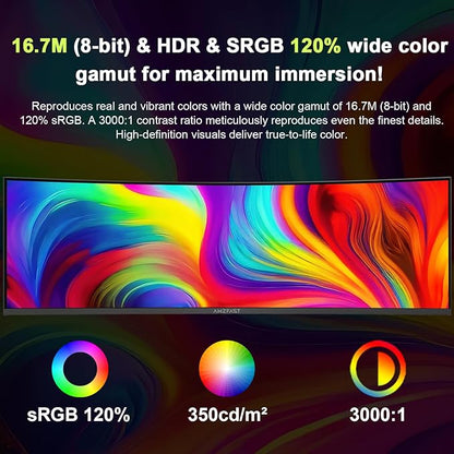 Amzfast 49 Inch Curved Monitor 120Hz DQHD 5120x1440p Ultrawide Gaming Monitor, 120% sRGB, 1500R, 1ms MPRT, HDR10, Adaptive Sync, PIP/PBP, Height Adjustable, HDMI 2.0/DP 1.4, VESA 75x75, AMZG49C7U