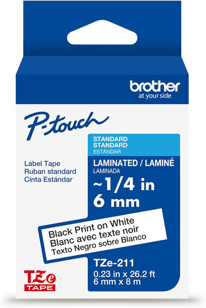 Brother Genuine TZe211~1/4" Black Print on White Label Tape. Each: 0.23 in x 26.2 ft (6 mm x 8 m)