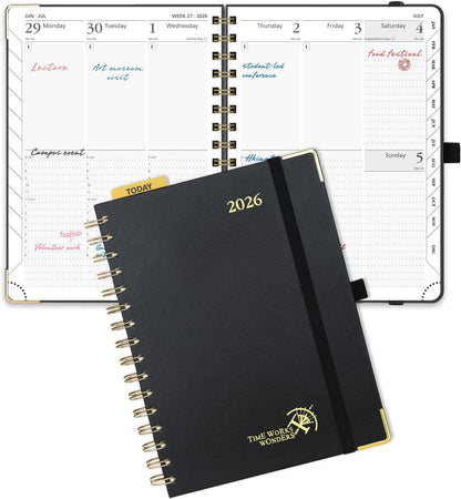 POPRUN 2026 Planner (Medium Size 8.5'' x 6.25'' Wire-Bound Hard Cover) Daily Weekly and Monthly Calendar - Agenda 2026 (Jan.2026-Dec.2026) with Hourly Schedule, Monthly Tabs - Black