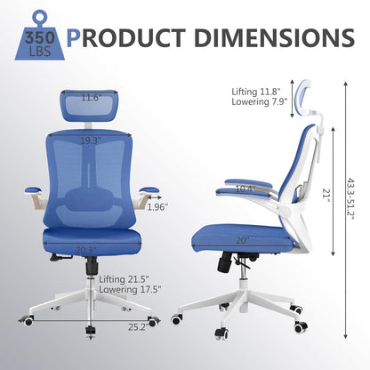 Office Chair,Ergonomic Comfy Home Desk Chair with 350LBS Capacity,High Back Gaming Chair with Wheels,Mesh Computer Chair,Lumbar Support, Adjustable Headrest,Flip-up Armrest