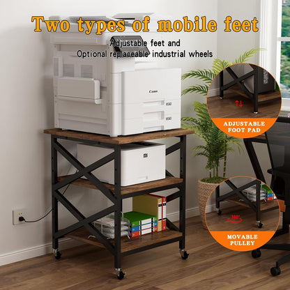 Large Printer Stand with Power Outlet, with Height Adjustable Storage Shelf, 3 Tier Rolling Printer Cart with Industrial Wheels, 23.6 x 23.6 Inches Printer Table for Home Office, Rustic Brown