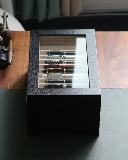 Pen Display Case with 36 Pen Slots, Fountain Pen Case, Wood Pen Storage Organizer, Pen Box Display for Men Gift, Pen Collector with Glass Window(Black ash Veneer Finish, Creamy-White Velvet)