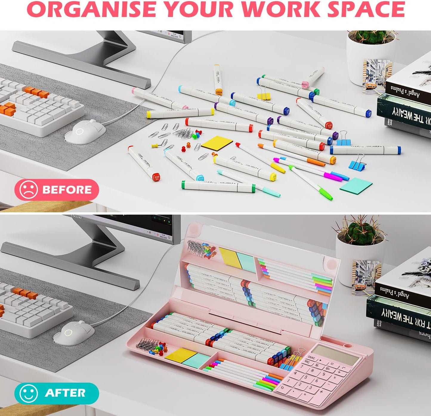 Desktop Glass Whiteboard with Mirror & Calculator(12 Digit LCD Display) & Ruler Marker,Tilted Computer Keyboard Stand with Dry Erase Board Surface, Desk Organizers with Accessories,Pink