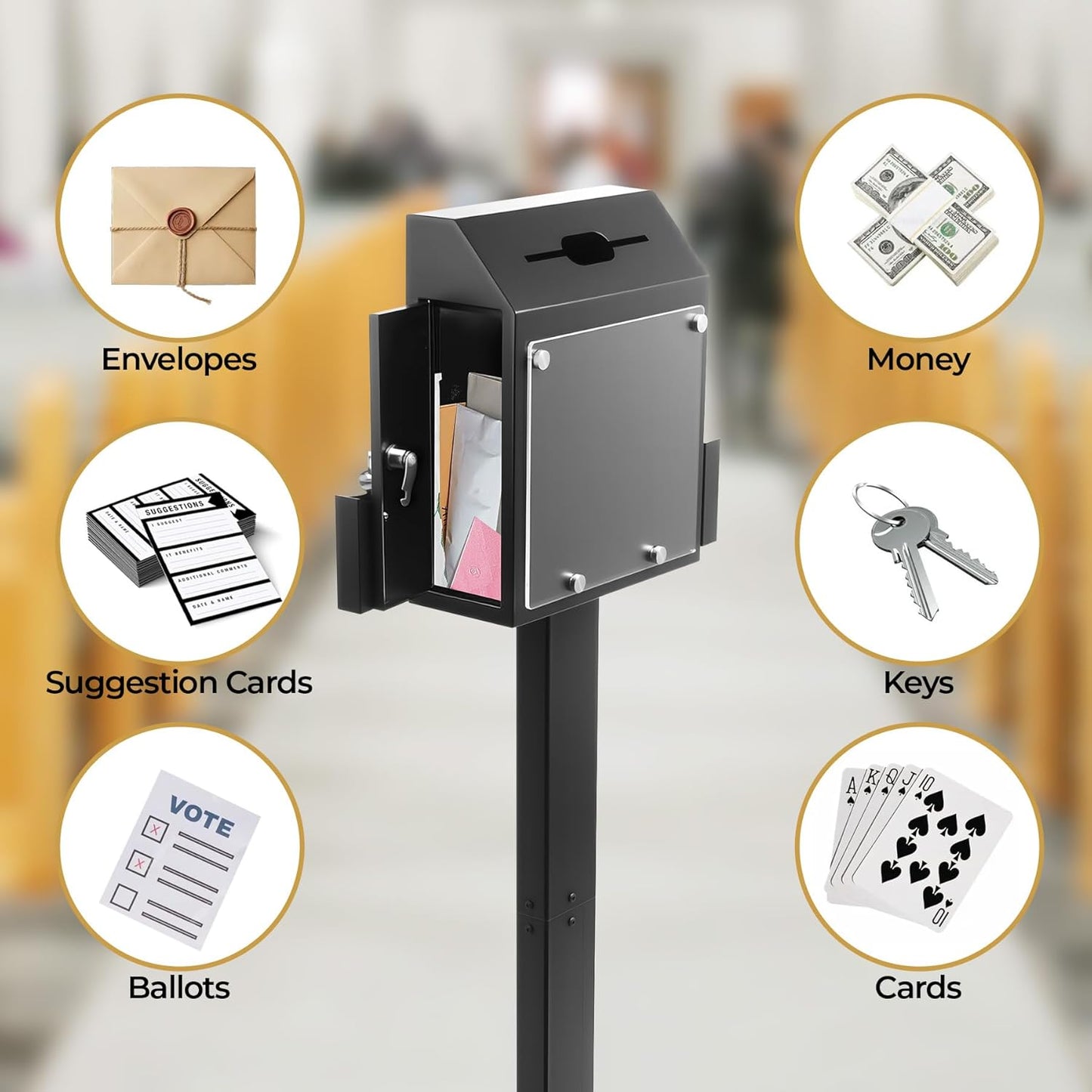 POPMOON Suggestion Box with Stand,Floor- Standing Offering Box with Sign Display,Upgraded Heavy Duty Metal Ballot Box with Slot and Lock,Locking Casters for Voting Charity Donation Election,Church