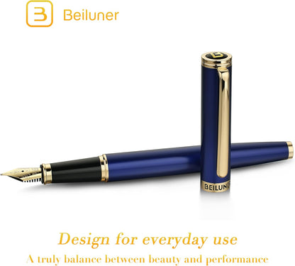 BEILUNER Blue Fountain Pen,Stunning Luxury Pens with 24K Gold Finish, Gorgeous 24K Gilded Nib(Medium), Fancy Pen Gift for Men&Women -Ink Converter-Elegant, Reliable,Nice Pen for Writing