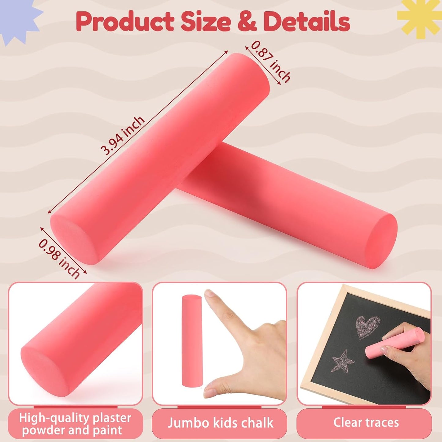 Fulmoon 40 Pcs Jumbo Sidewalk Chalk for Kids Outdoor Art Non Toxic Large Washable Street Chalk for Adults Drawing Painting Classroom(Red,Round Style)