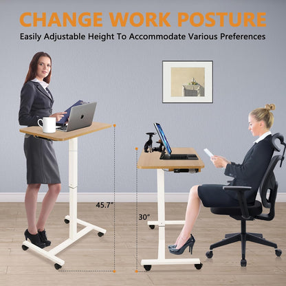 CLATINA Mobile Laptop Standing Desk, Height Adjustable Teacher Podium with Lockable Wheels, Adjustable Work Table with Drawer, Computer Cart Overbed Table for Home Office Classroom, Beige