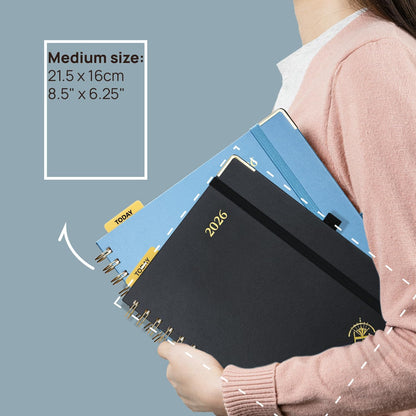 POPRUN 2026 Planner (Medium Size 8.5'' x 6.25'' Wire-Bound Hard Cover) Daily Weekly and Monthly Calendar - Agenda 2026 (Jan.2026-Dec.2026) with Hourly Schedule, Monthly Tabs - Midnight Green