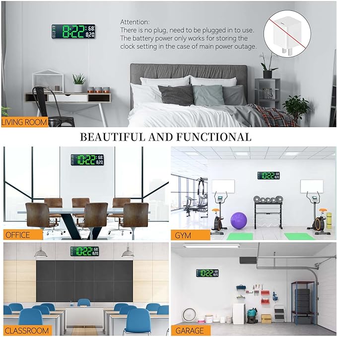 Digital Clock, Digital Wall Clock for Living Room Decor, Desk Alarm Clock for Bedroom, Large Wall Clock with Remote Control, Automatic Brightness Dimmer LED Clock with Date Temperature Week (Green-W)
