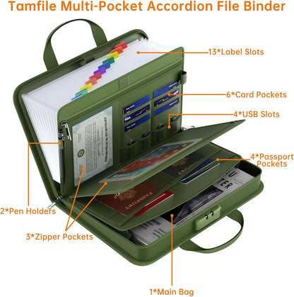 5200℉ Fireproof Accordion File Organizer with Lock, Thickened Document Organizer 13 Pocket with Zipper & Labels, Important Document Organizer, Expanding File Folder with Handle for Letter A4 (Green)