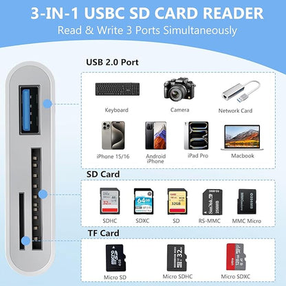 USB C SD Card Reader for iPhone Adapter, 3-in-1 Memory Card Reader Dual Slots with USB Camera Adapter, Digital Camera Adapter iPhone 15/16/17, iPad, Mac, MacBook Pro/Air, Android, Laptop