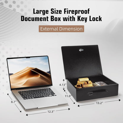 Fireproof Document Box,X Large Fire Resistant Safe Box with Key Lock for Home, Portable Fireproof Lock Box for Personal Items, Passport, Cash, Tablet, Exterior 13.2" x 11" x 4.13"