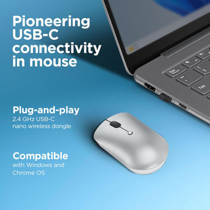 Lenovo 540 Wireless Computer Mouse for PC, Laptop, Computer with Windows or Chrome OS - 2.4 GHz USB-C Wireless Pairing Receiver - Compact Size - 18-Months Battery Life - Ambidextrous - Cloud Grey