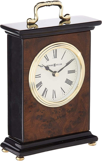 Howard Miller Berkley Table Clock - Roman Numerals Walnut Wood Finish Desk Clock- Vintage Mantel Clock with Brass Handle - Silent Quartz Movement Desk Clocks for Home, Office, Bedroom, Living Room