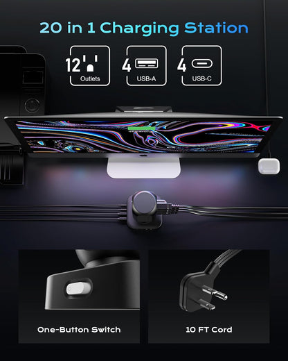 Tower Surge Protector Power Strip, Flat Plug 10FT Extension Cord with Multiple Outlets, 12 AC Outlets & 8 USB Ports, 24W Outlet Extender Overload Protection for Home Office Room