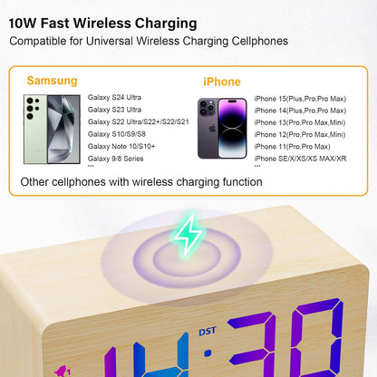 Wooden Digital Alarm Clock with Fast Wireless Charger, Dual USB Charging Ports, DST, Dimmable, Snooze, RGB Large Number Display LED Clock for Bedrooms, Living Room, Desk, Table, Bedside(Bamboo)