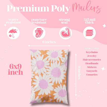 6x9 Designer Poly Mailer 100 Pack Heavy Duty Waterproof Self Seal Shipping Bags for Small Business Large Mailing Envelopes Bulk Tear Resistant Cute Packaging Pink Blooms Flowers