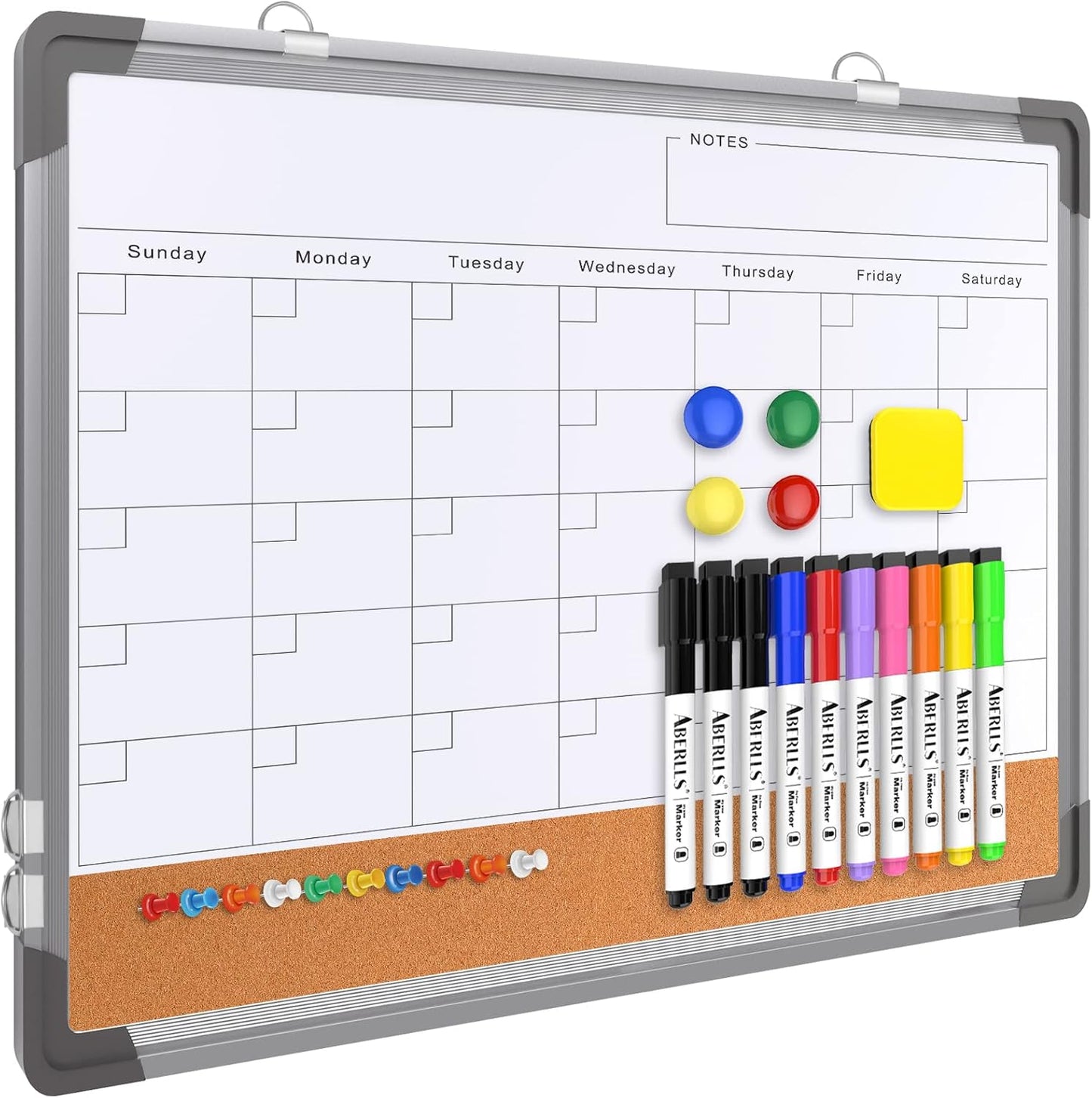 Monthly Calendar Whiteboard Dry Erase Cork Board Combination for Wall, 17"x13" Magnetic Dry Erase Board, Double-Sided White Board, Portable Board for Office, Kitchen, Planning, Memo, School, Home