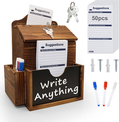 Suggestion Box with 50 Suggestion Cards Wood Donation Box with Slot and Lock Prayer Boxes for Fundraising Tip Drop Ballot Boxes Wall Mounted with Chalkboard and Keys for Church Office