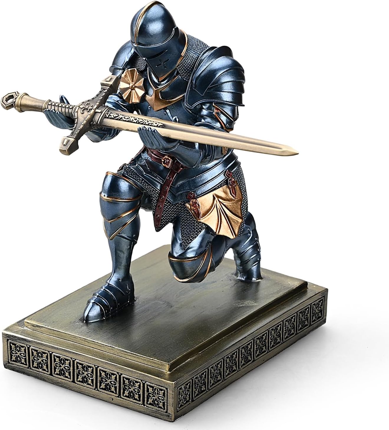 Medieval Armored Warrior Knight Pen Holder Desk Organizers and Accessories Resin Pencil Holder Paperweight as Gift with a Cool Letter Opener for Desk (Blue)
