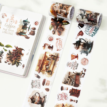 WT Caffeine Canvas Wide Washi Tape, Single Roll, Original Designs, Watercolor Vintage Cafe Paper Tape, Coffee Theme for Journals, Scrapbooks, Bujo Planners, DIY Crafts Supplies