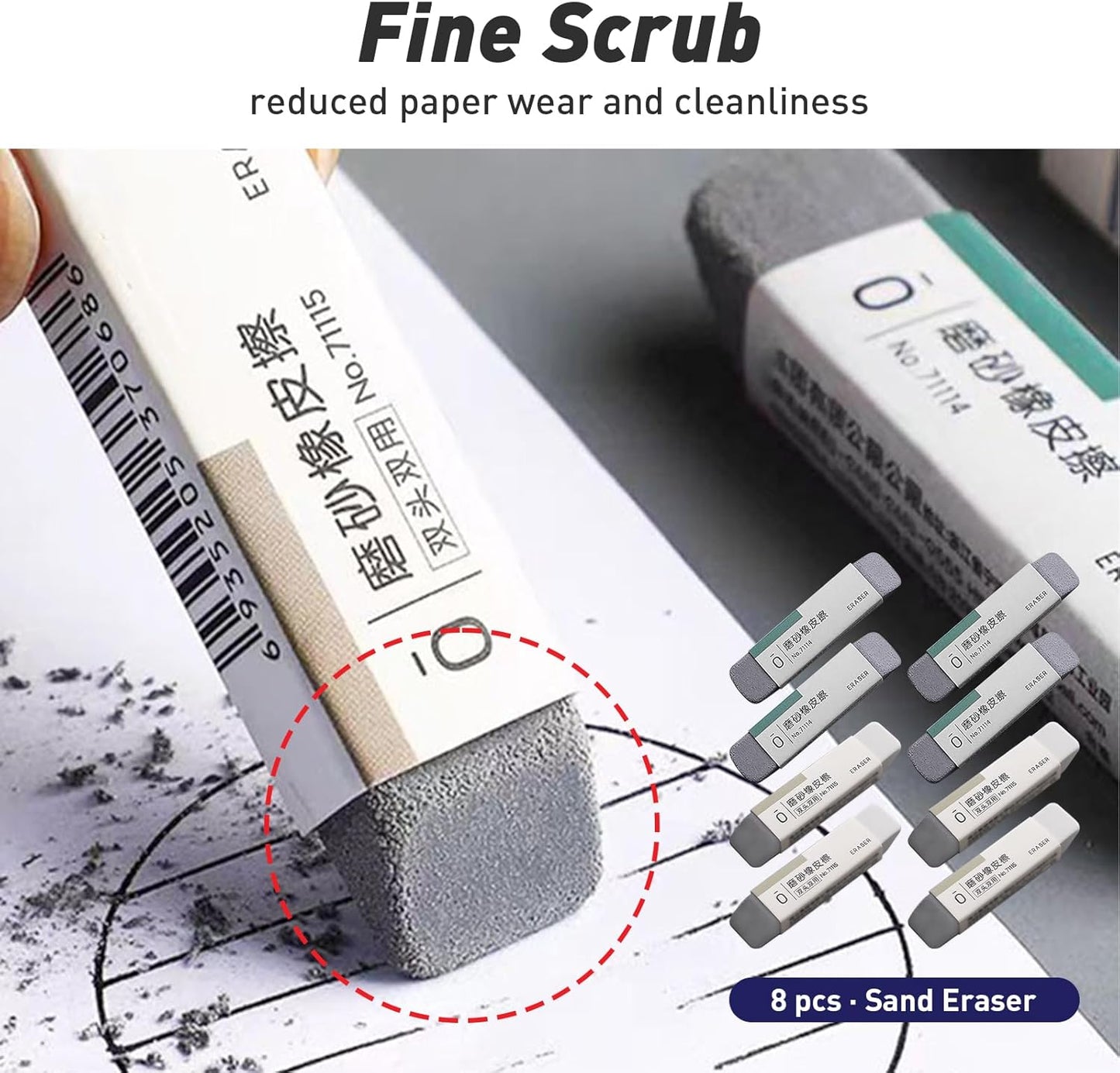 Premium Sand Erasers - Set of 8 Frosted Erasers for Pens, Fountain Pens, and Ink - Special School and Office Supplies for Correction - Colored Pencil and Ink Eraser