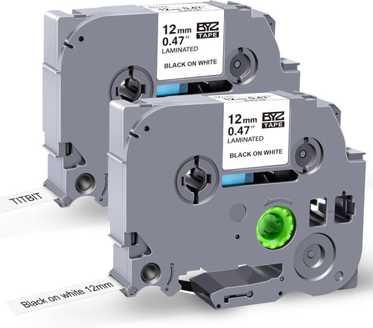 TITBIT 12mm Label Maker Tape Refill Compatible with Brother P Touch Label Tape TZe TZ Tape 0.47 Laminated 1/2" Black on White TZe-231 TZE231 for PTD210 PTD220 PTH110 PTE110 PTD410 PTP710BT, 2-Pack