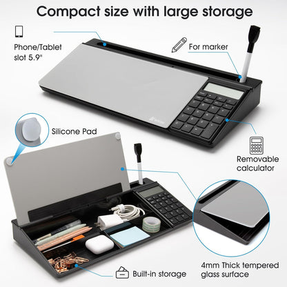 Varhomax Glass Desk Whiteboard with Calculator, Desktop Dry Erase White Board with Storage, to Do List Memo Notepad for Home and Office