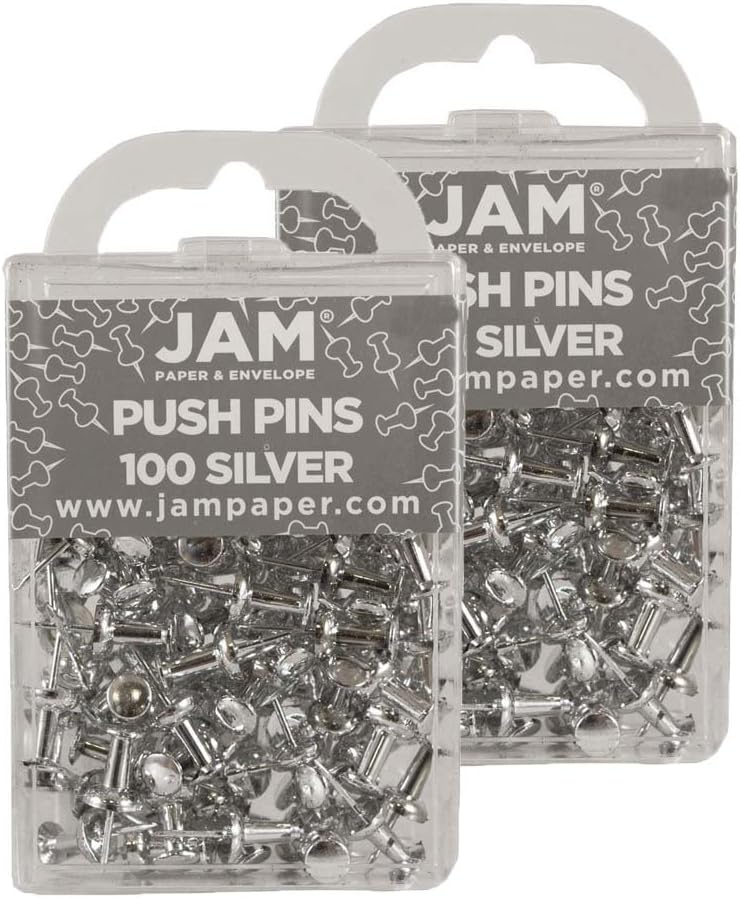 JAM PAPER Colorful Push Pins - Silver Pushpins - 2 Packs of 100